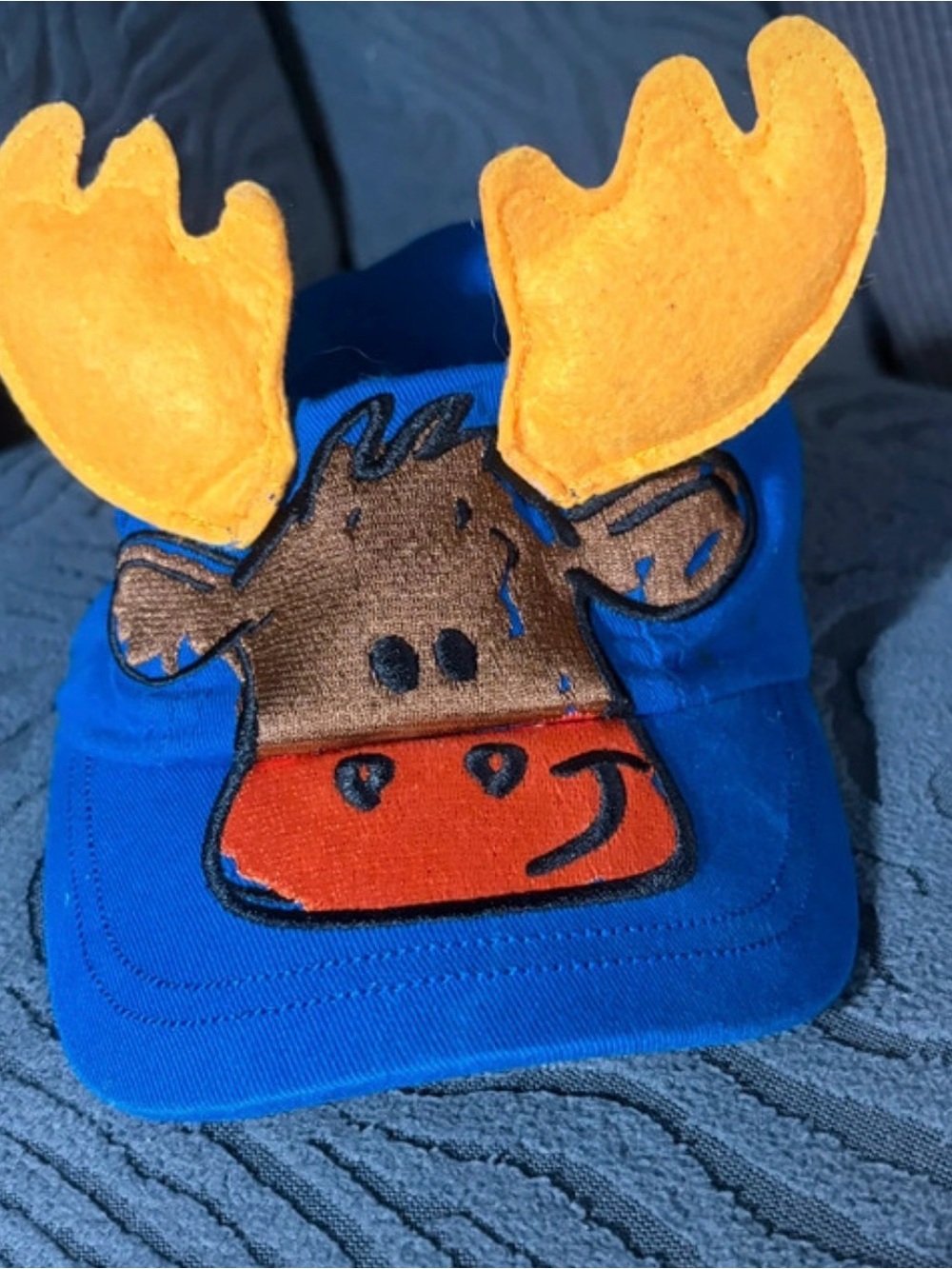Kids Blue Moose Hat with Yellow Antlers